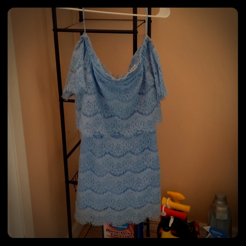 S Blue Lace Off Shoulder Dress